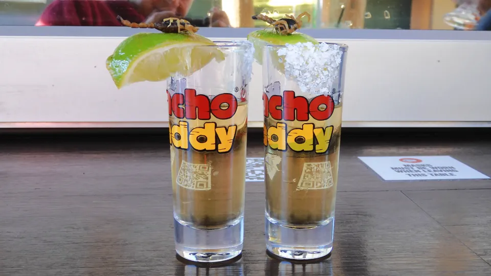 Dos scorpion shots en vasos con la marca Nacho Daddy, con limón y escorpiones en el borde
