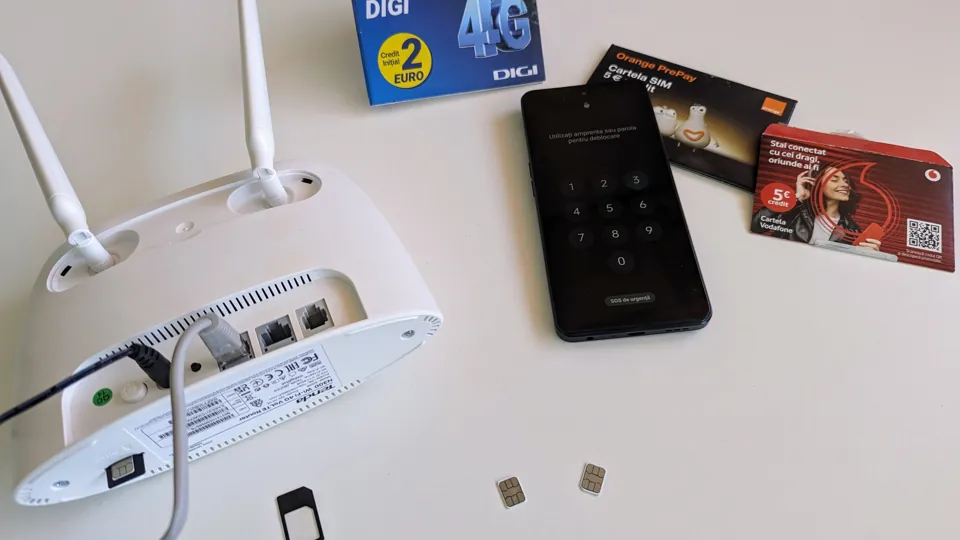 Router 4G, teléfono y tarjetas SIM como ejemplo de conexión